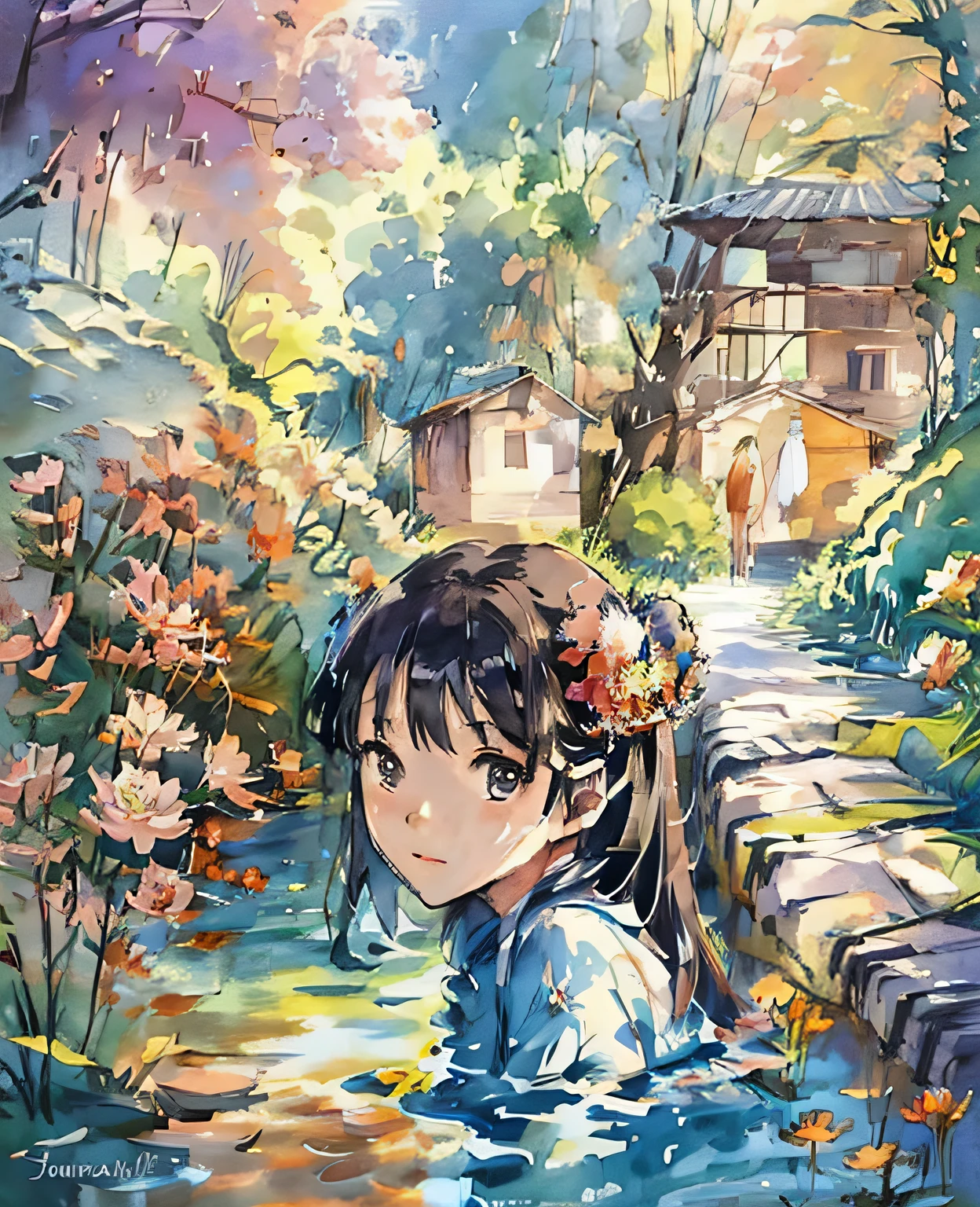 Anime girl with a flower in her hair and another girl with a flower in her hair in a lotus pond, art in Guvitz style, Guwiz in art station pixiv, Guwiz in pixiv art station, beautiful artwork illustration, Guwiz masterpiece,