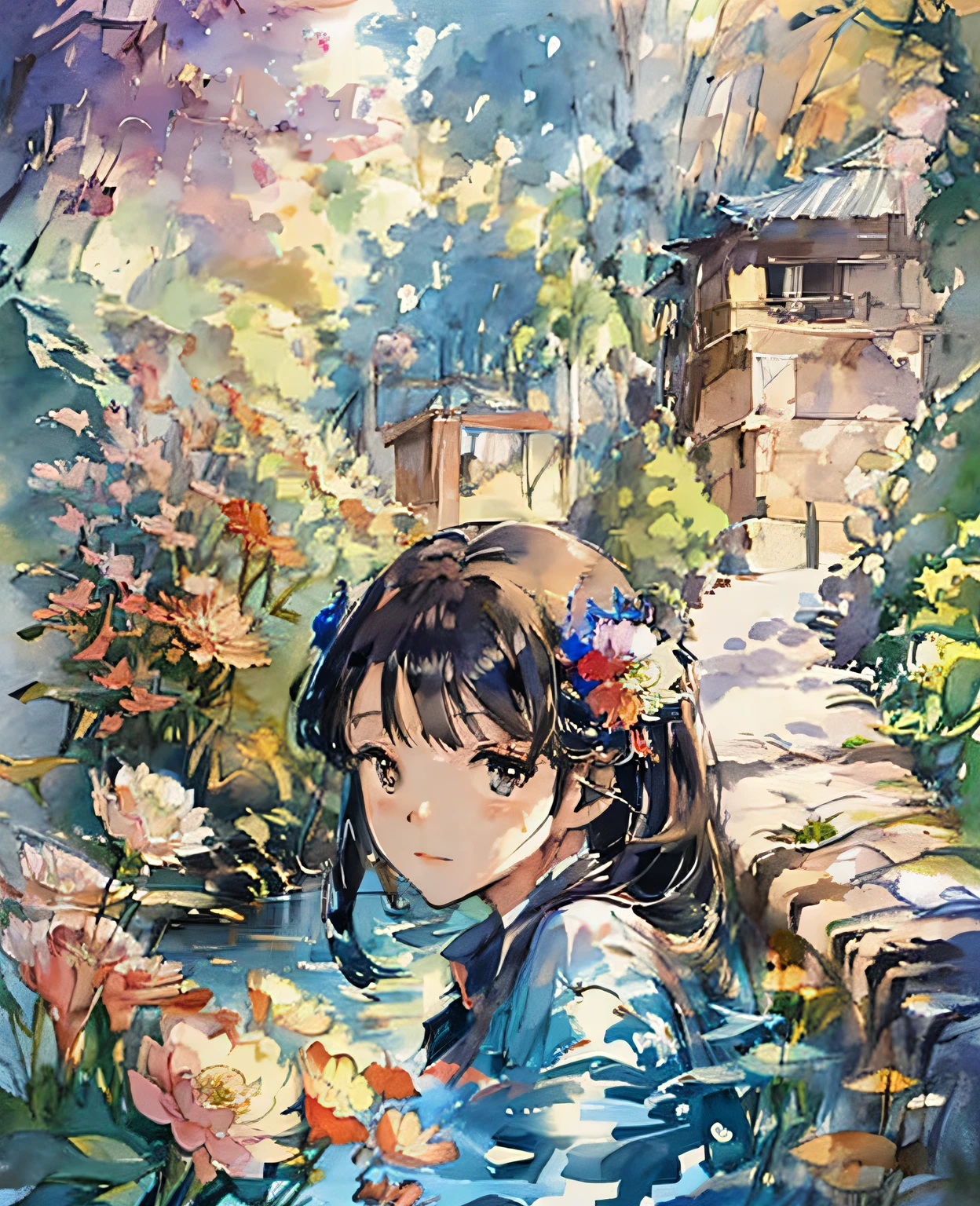 Anime girl in a garden with flowers and a bridge - SeaArt AI