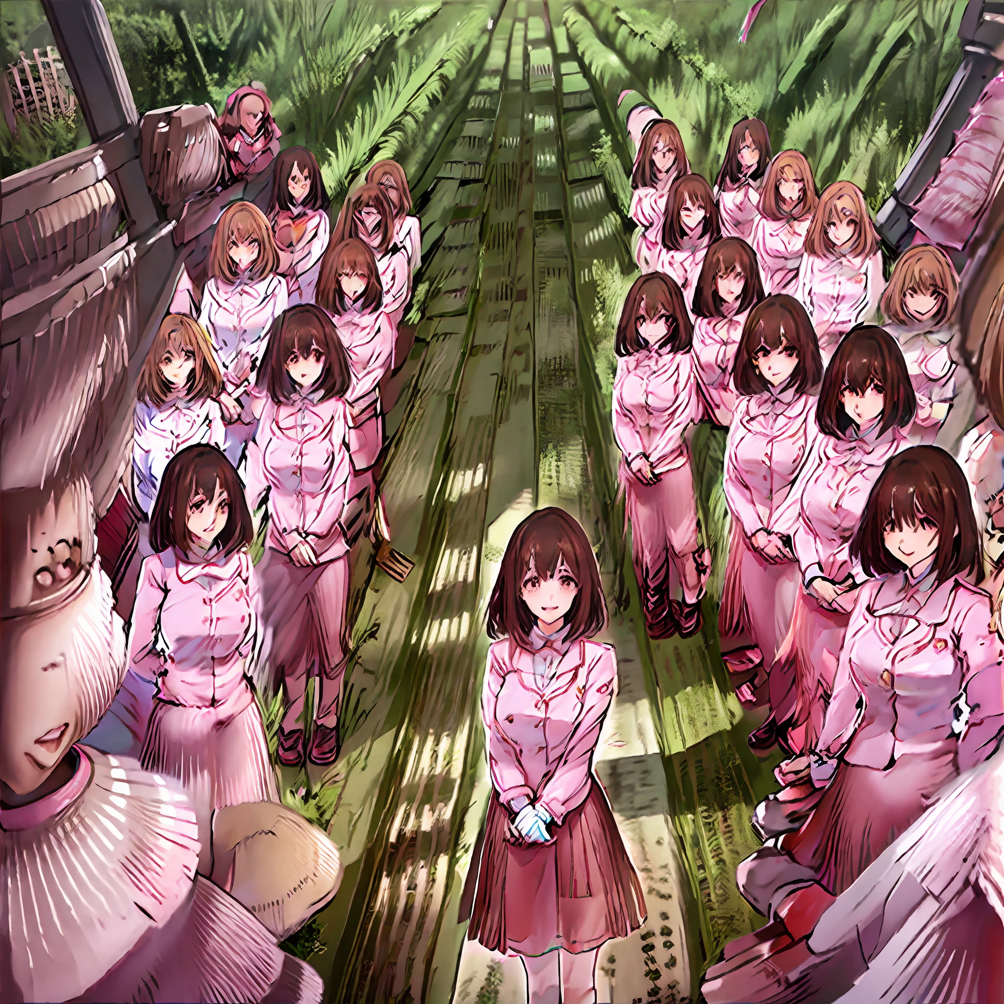 perfect anime illustration, multiple girls, thousands of girls, millions of girls, clones, identical sisters, neat rows of sisters, neat columns of sisters, sisters standing in formation, sisters in background, brown hair, curly hair, matching hairstyle, hazel eyes, smiling, ((matching outfits, pink uniform, pink high heels)), matching hairstyles, white background, highres, full body, pose