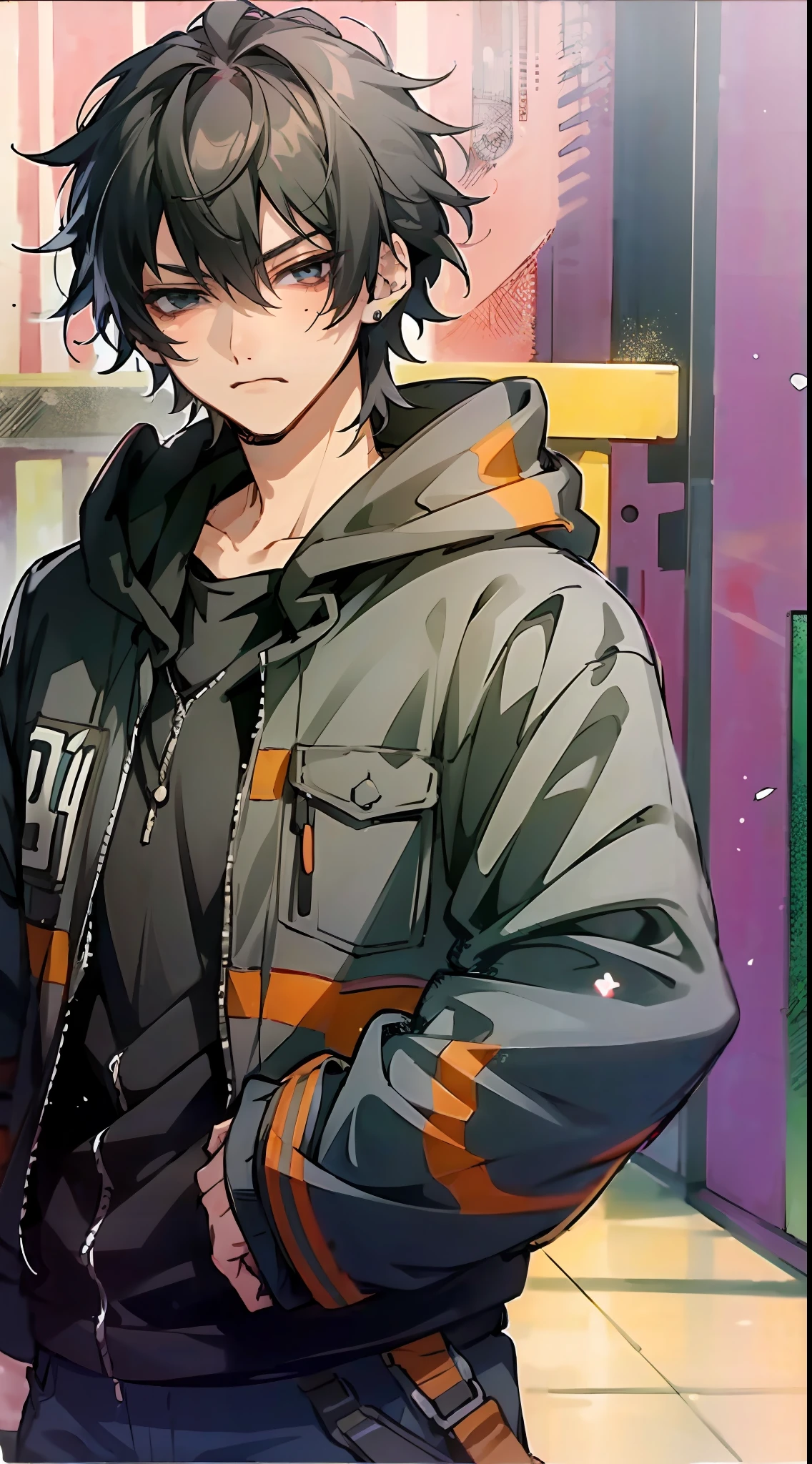 (Best quality:1.5),(masterpiece:1.5), (appearance:1.5),1boy, solo, looking at viewer, male focus, buster bros, 19 years old, black eyes,piercing look,bangs, black hair, hair between eyes, soft under eye, black hood with purple details, close-up