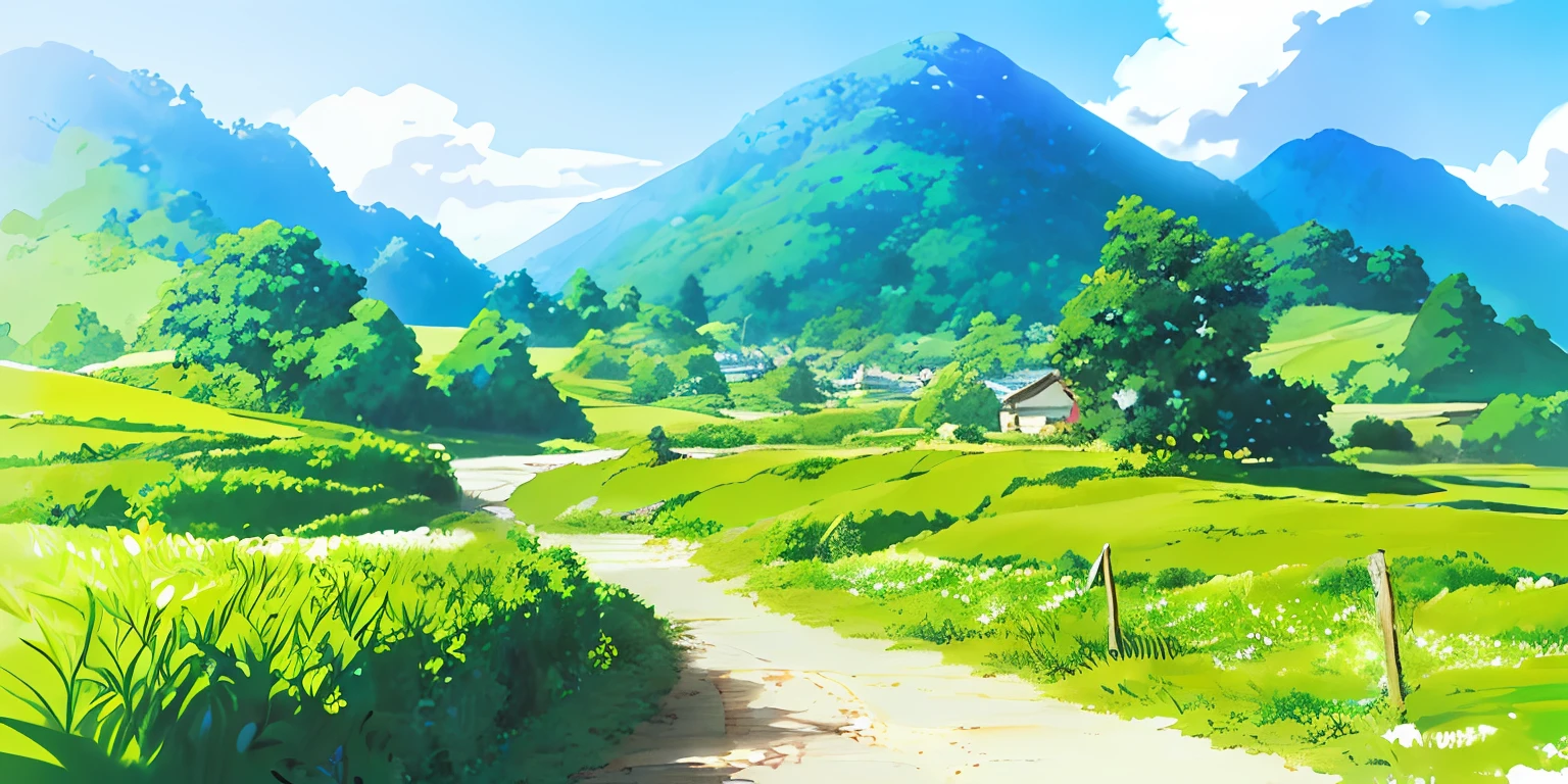 (((melhor qualidade)))), um trema em uma colina com um caminho que leva até ela, campo de anime, arte de fundo de anime, cenário de anime, soft arte conceitual do estúdio ghibli, beautiful cenário de anime, Arte conceitual do conjunto de anime, arte conceitual do estúdio ghibli, Ambiente de estúdio Ghibli, paisagem de anime, linda cena de anime,  Estúdio Glibly Makoto Shinkai, Paisagem do estúdio Ghibli, cottagecore!!