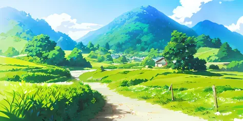 (((best quality)))), an umlaut on a hill with a path leading to it, anime countryside, anime background art, anime scenery, soft...