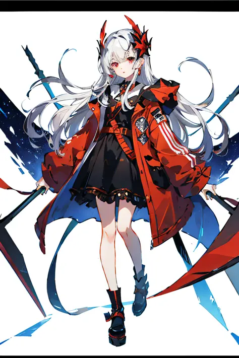 Introduction, Charter layout, full body, upright, gaze viewer, red sickle in hand, white hair and red eyes, starry sky, masquera...
