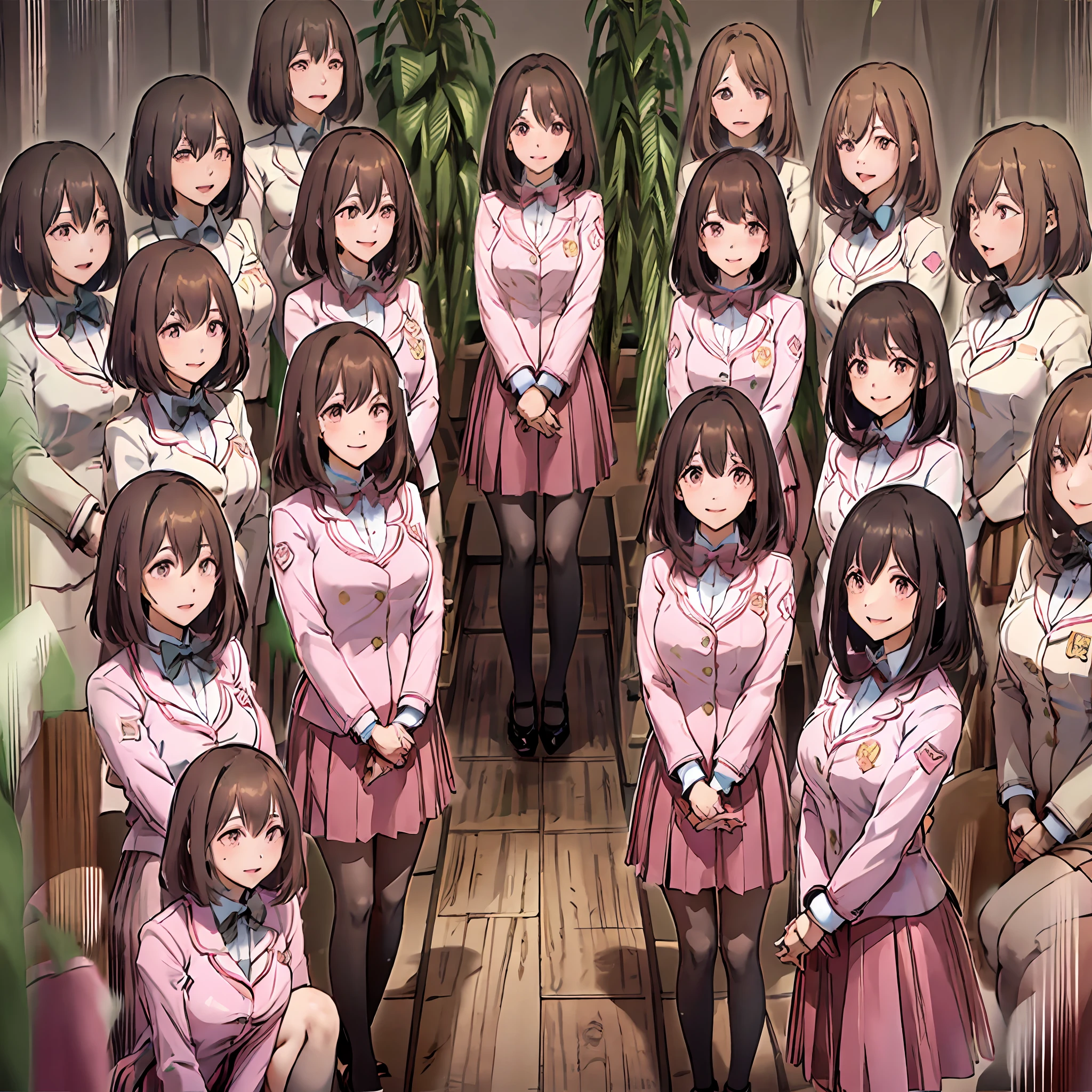 perfect anime illustration, multiple girls, thousands of girls, millions of girls, clones, identical sisters, neat rows of sisters, neat columns of sisters, sisters standing in formation, sisters in background, brown hair, curly hair, matching hairstyle, hazel eyes, smiling, ((matching outfits, pink uniform, pink high heels)), matching hairstyles, white background, highres, full body, pose