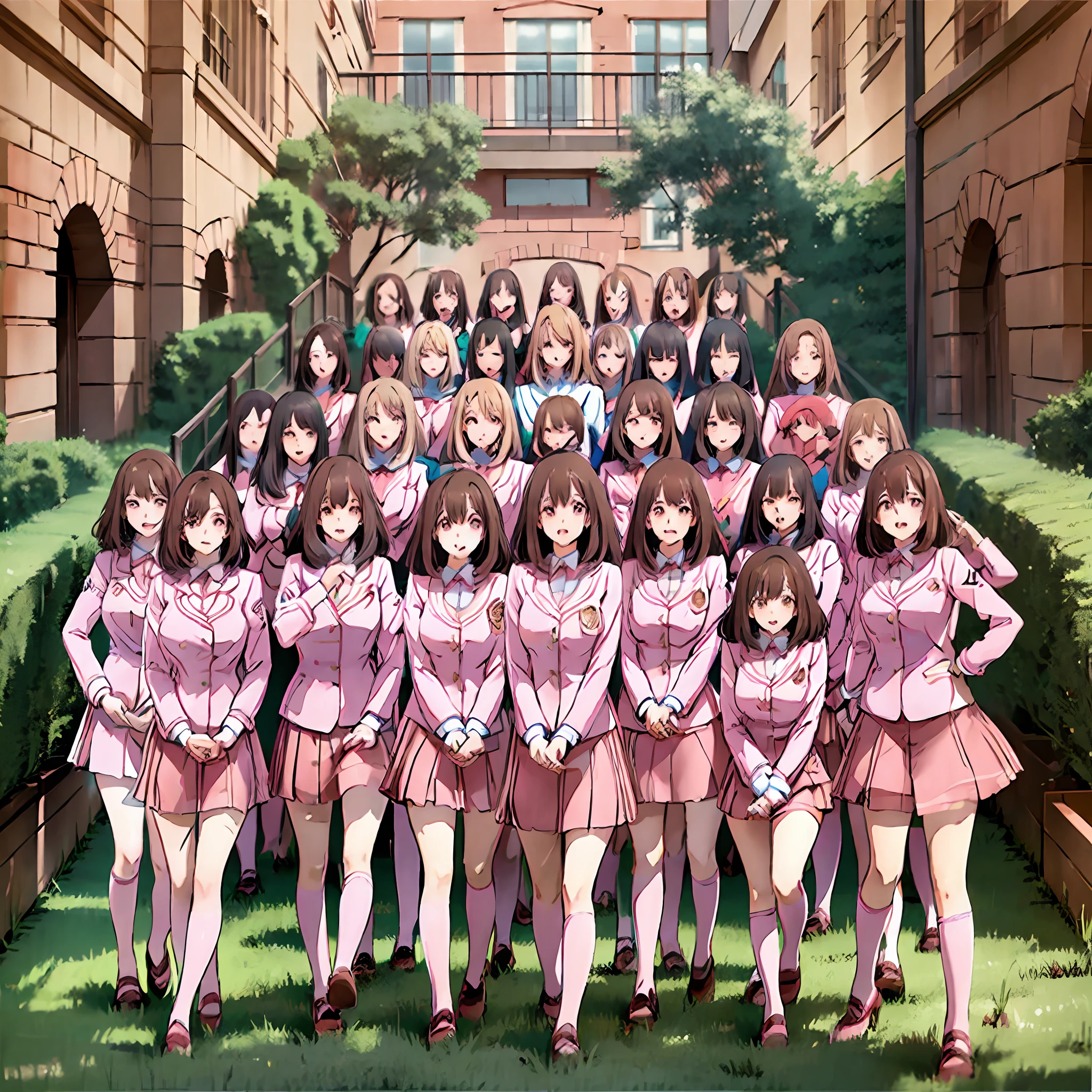 perfect anime illustration, multiple girls, thousands of girls, millions of girls, clones, identical sisters, neat rows of sisters, neat columns of sisters, sisters standing in formation, sisters in background, brown hair, curly hair, matching hairstyle, hazel eyes, smiling, ((matching outfits, pink uniform, pink high heels)), matching hairstyles, white background, highres, full body, pose