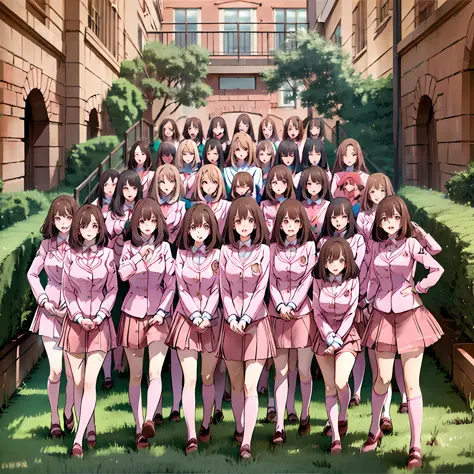 perfect anime illustration, multiple girls, thousands of girls, millions of girls, clones, identical sisters, neat rows of siste...