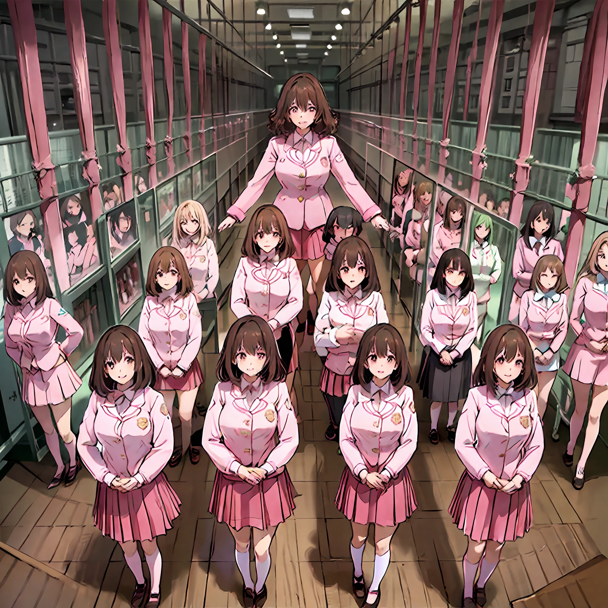 perfect anime illustration, multiple girls, thousands of girls, millions of girls, clones, identical sisters, neat rows of sisters, neat columns of sisters, sisters standing in formation, sisters in background, brown hair, curly hair, matching hairstyle, hazel eyes, smiling, ((matching outfits, pink uniform, pink high heels)), matching hairstyles, white background, highres, full body, pose