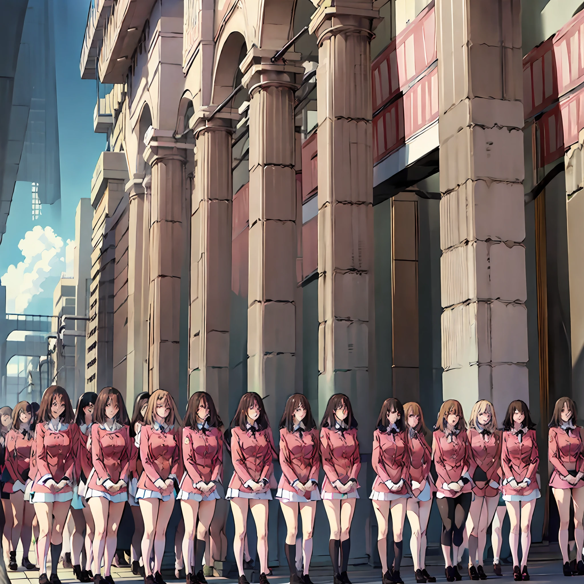 perfect anime illustration, multiple girls, thousands of girls, millions of girls, clones, identical sisters, neat rows of sisters, neat columns of sisters, sisters standing in formation, sisters in background, brown hair, curly hair, matching hairstyle, hazel eyes, smiling, ((matching outfits, pink uniform, pink high heels)), matching hairstyles, white background, highres, full body, pose