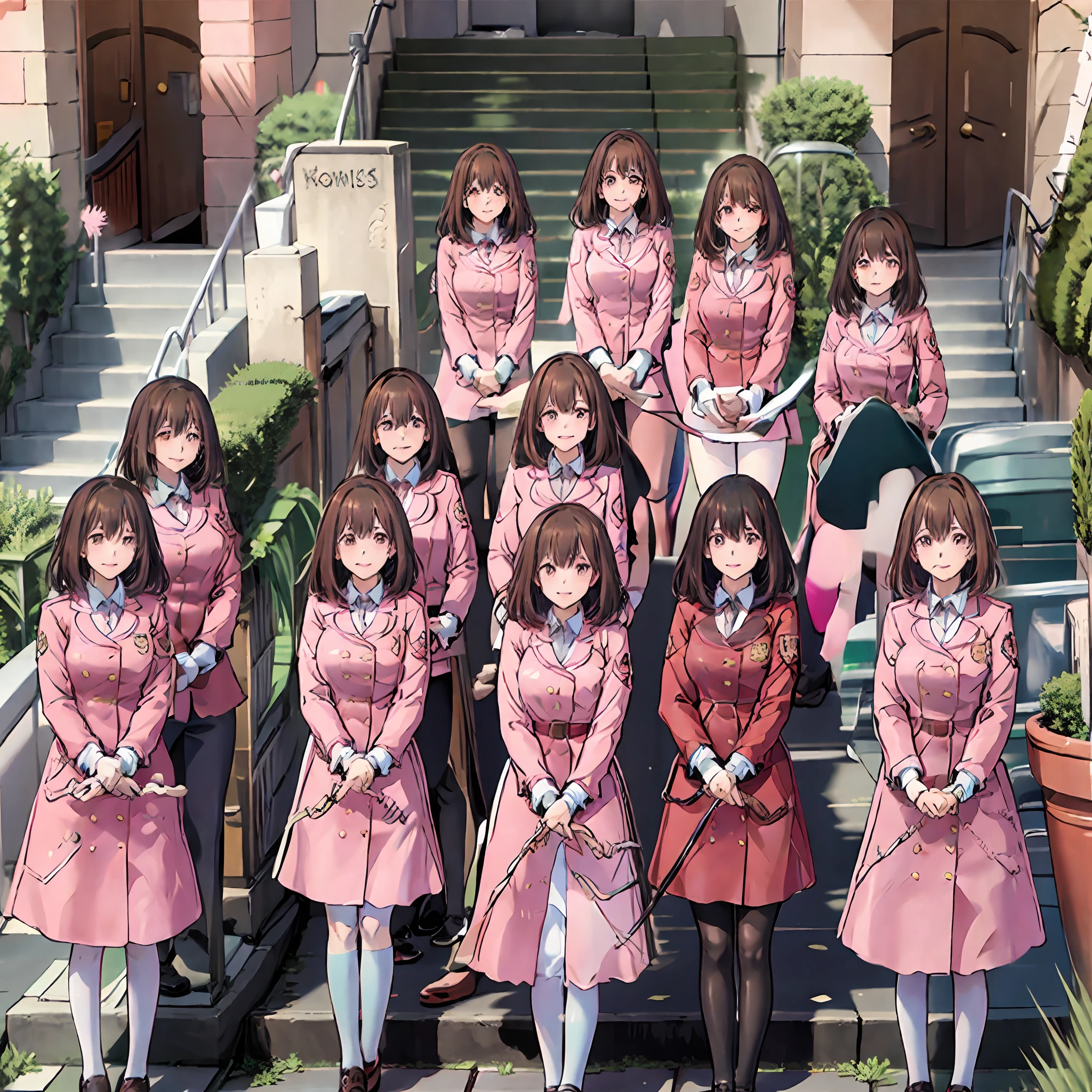 perfect anime illustration, multiple girls, thousands of girls, millions of girls, clones, identical sisters, neat rows of sisters, neat columns of sisters, sisters standing in formation, sisters in background, brown hair, curly hair, matching hairstyle, hazel eyes, smiling, ((matching outfits, pink uniform, pink high heels)), matching hairstyles, white background, highres, full body, pose