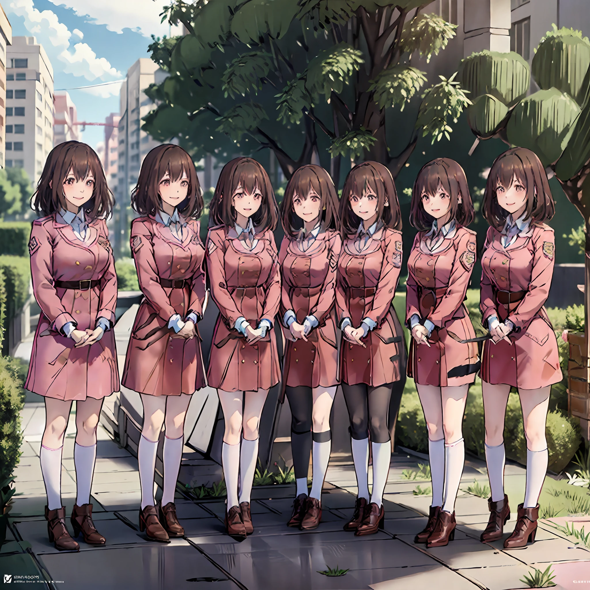 perfect anime illustration, multiple girls, thousands of girls, millions of girls, clones, identical sisters, neat rows of sisters, neat columns of sisters, sisters standing in formation, sisters in background, brown hair, curly hair, matching hairstyle, hazel eyes, smiling, ((matching outfits, pink uniform, pink high heels)), matching hairstyles, white background, highres, full body, pose