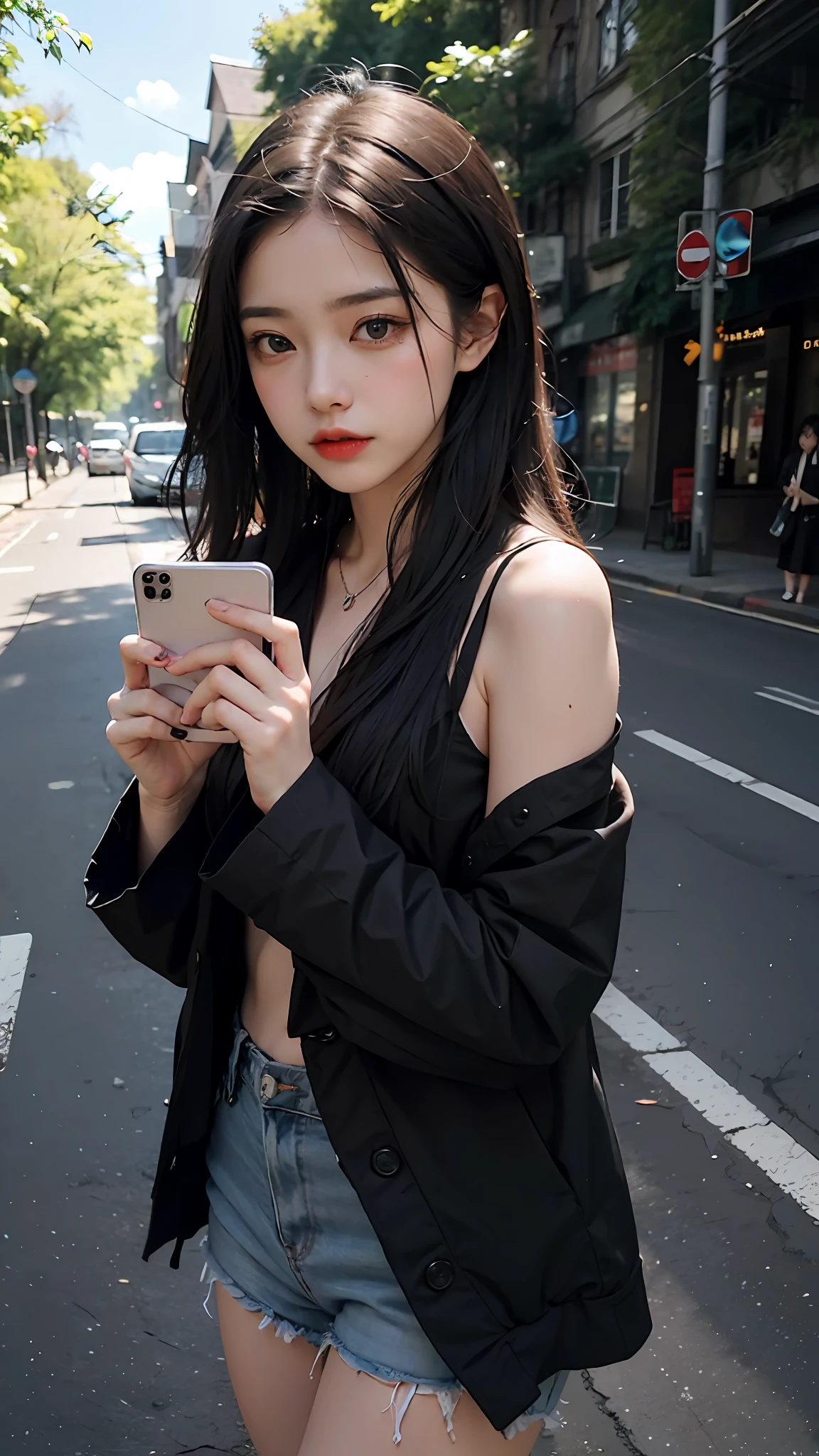 Beautiful woman fiddling with her phone in the middle of the street, short clothes masterpiece, best quality, masterpiece, (1girl), (LLChar), evil witch, dark energy, void, empty eyes, (extreme evil), black magic, dark forest, negative energy, hell, void, stars, black hair,