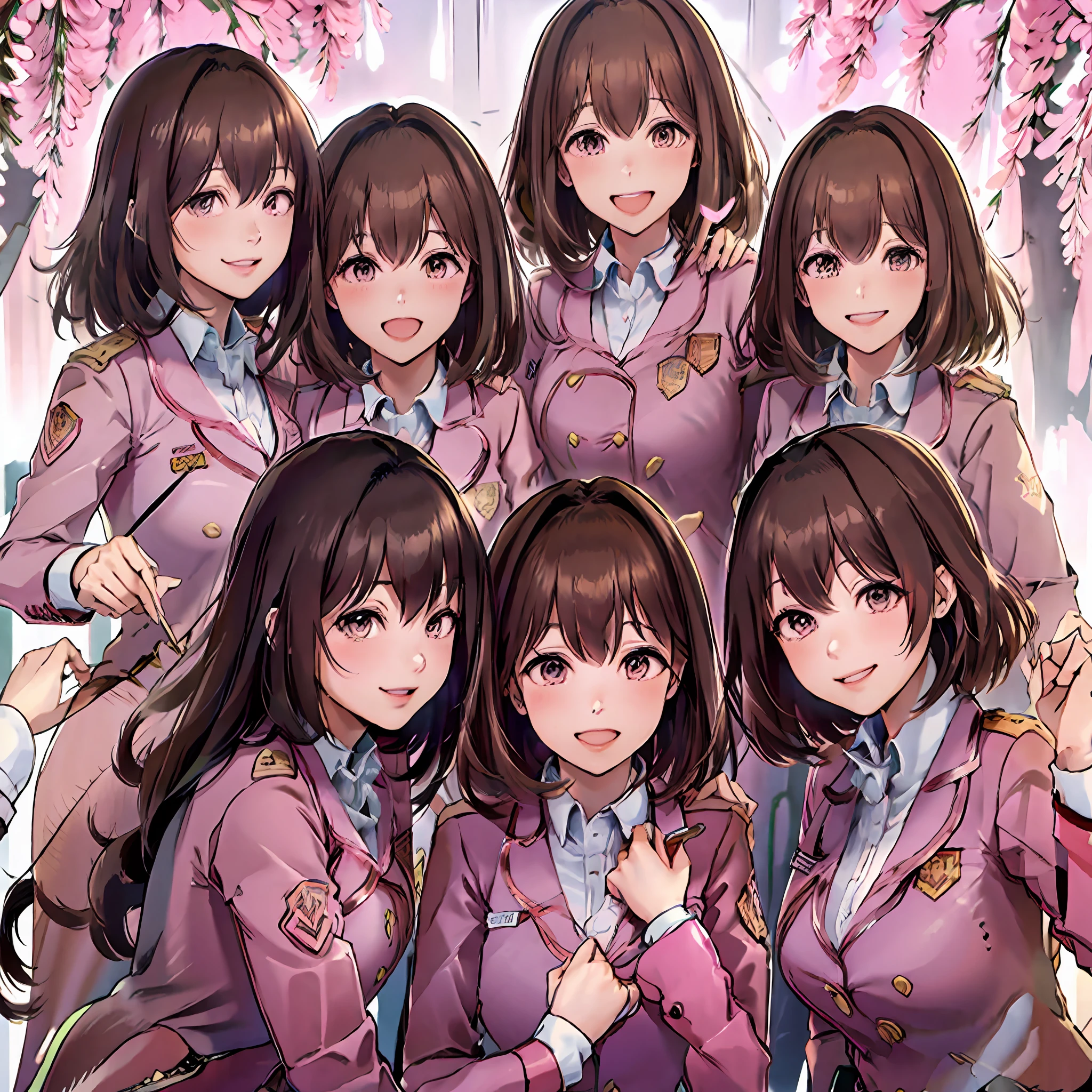 perfect anime illustration, multiple girls, thousands of girls, millions of girls, clones, identical sisters, sisters in background, brown hair, curly hair, matching hairstyle, hazel eyes, smiling, ((matching outfits, pink uniform, pink high heels)), matching hairstyles, white background, highres, full body, pose