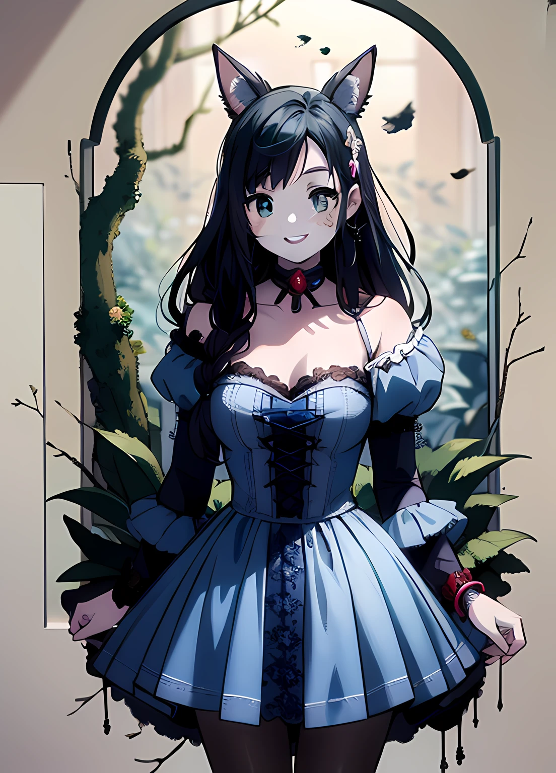 Anime Artwork ,Anime Style, Smiles, Smile on Face, Alice in Cyberpunk Wonderland, Alice in Wonderland, Alice, Alice in Wonderland, Portrait of Alice in Wonderland, Fantasy Horror Art, Detailed 4K Horror Art, Like Alice in Wonderland, Alice in Wonderland, The Cheshire Cat with Blue Eyes, Horror Fantasy Art, Alice Goes down the Rabbit Hole