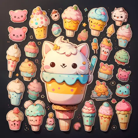 Stickers, cute all kinds of ice cream, simple background, overlook, overlook