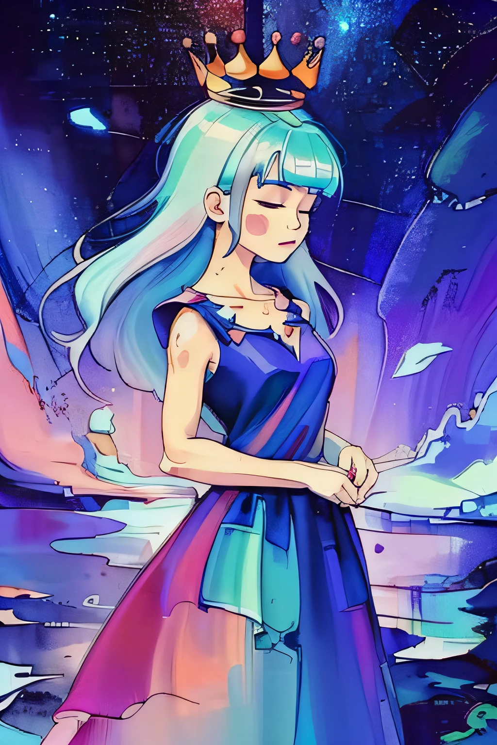 2d, nsfw, pastel color, watercolor, low color saturation,
lineart, 
ankymoore, 1girl, solo, long hair, dress, closed mouth, blue hair, collarbone, closed eyes, upper body, artist name, hand up, crown, facing viewer, constellation,