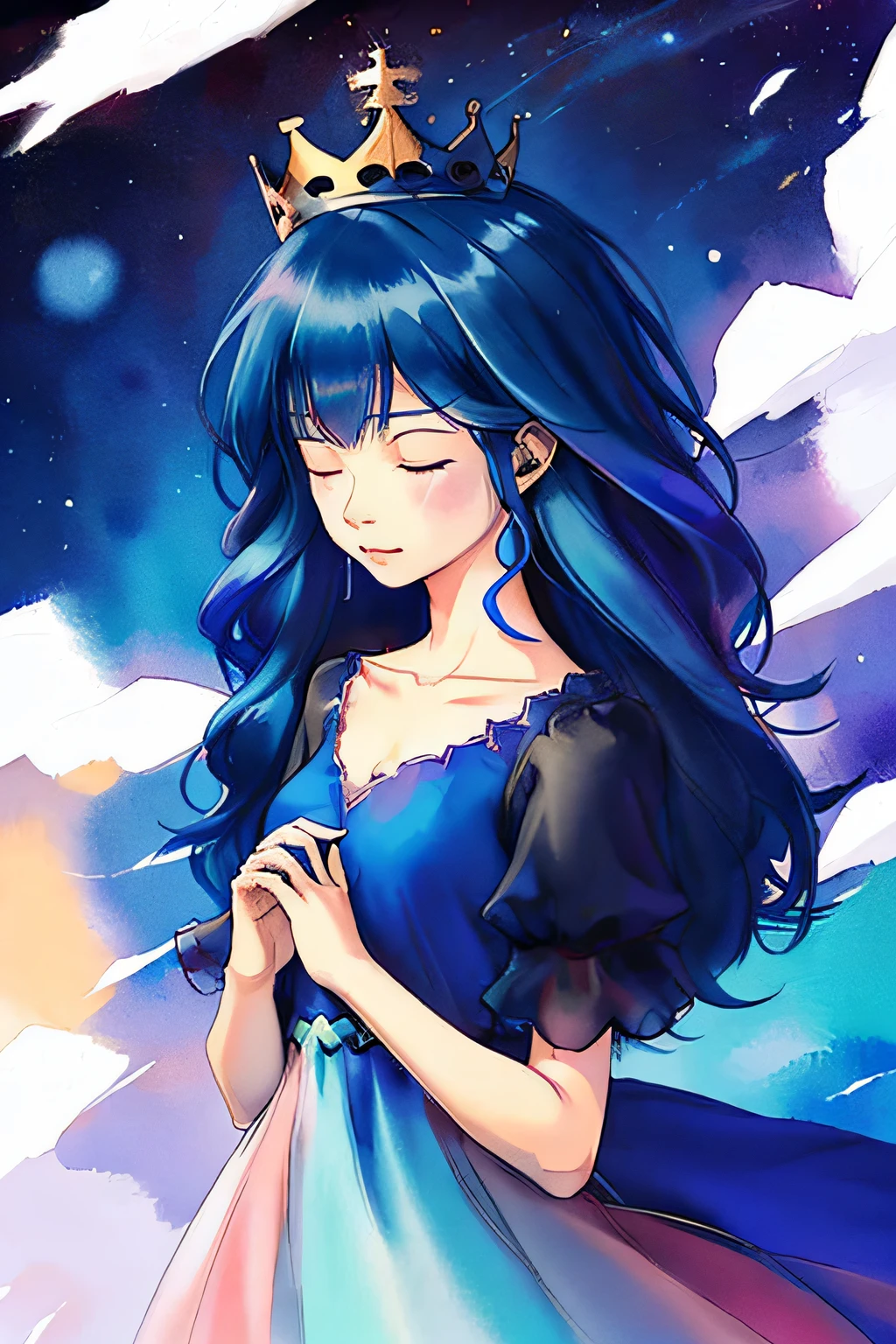 2d, nsfw, pastel color, watercolor, low color saturation,
lineart, 
ankymoore, 1girl, solo, long hair, dress, closed mouth, blue hair, collarbone, closed eyes, upper body, artist name, hand up, crown, facing viewer, constellation,