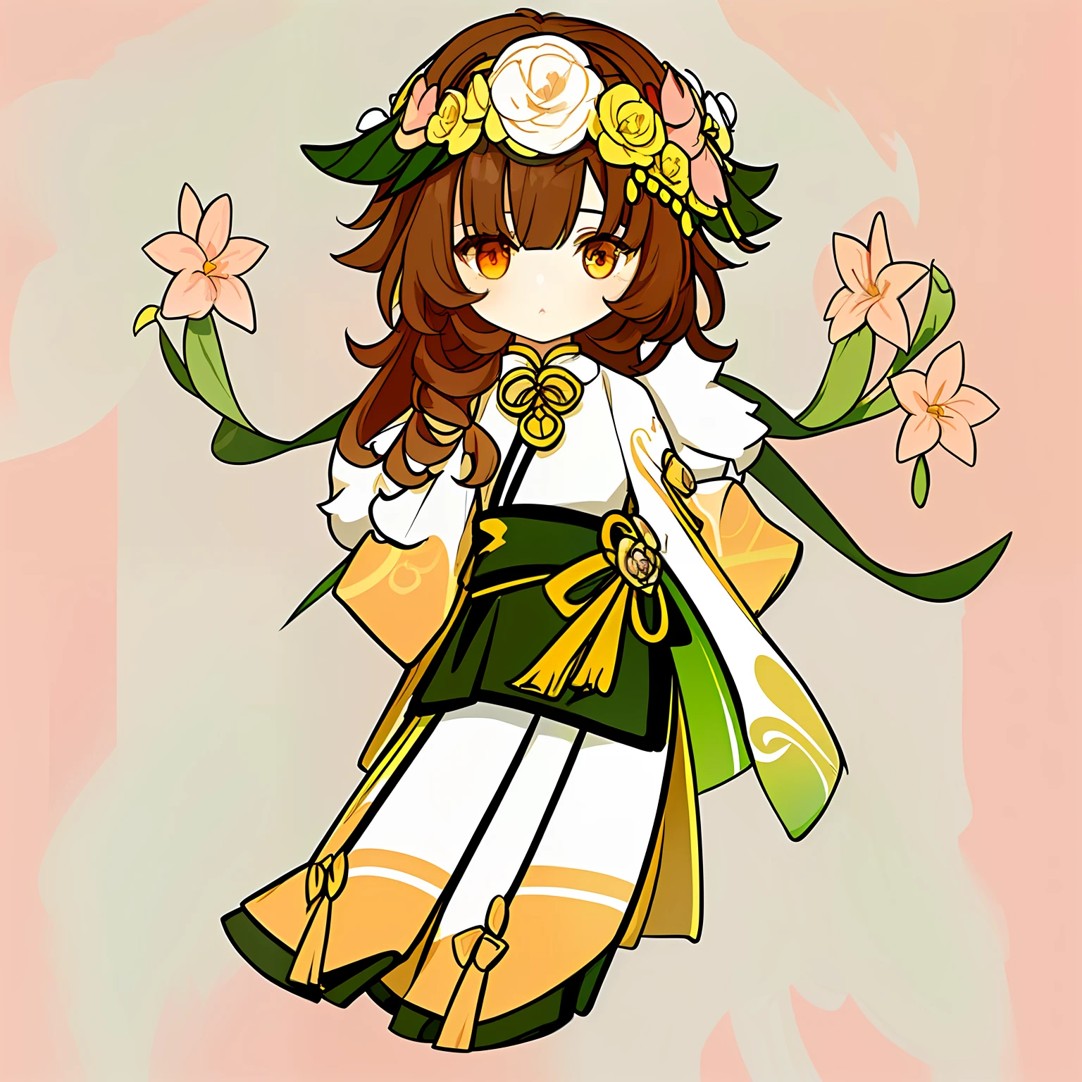 Genshin Avatar, (a girl with brown hair and orange eyes: 1.4), short medium hair, hair between the eyes, (((white silk coat a little yellow and yellow-green))), (((pink flower headdress with green leaves))), there is a cartoon girl in a dark green short skirt with flowers in her hair, full body adoptable, inspired by the master of Kanbun, ((wearing noble robes)), non-binary god of spring, character adoptable, elf girl in flower costume, (light yellow ribbon tied around the waist) //, Petal headdress, long and wide sleeves, (dark pink silk thread on sleeve), humanoid plants, Mihoyo art style, highly_detailed, portrait, (((masterpiece))), ((best quality)), (black_background:1.4), simple_background