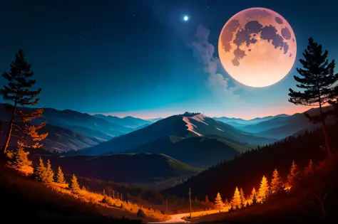 a beautuful landscape full moon, mountain, hills, blue moon, forest, trees