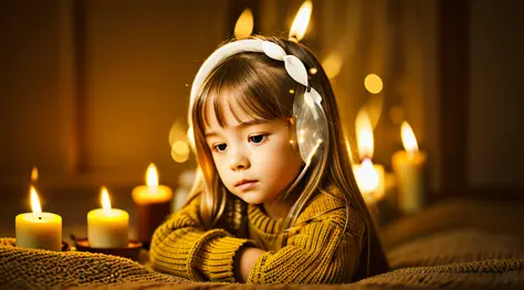 CHILD girl with long BLONDE hair wearing a YELLOW sweater and muffled black ears. AND CANDLES LIT.