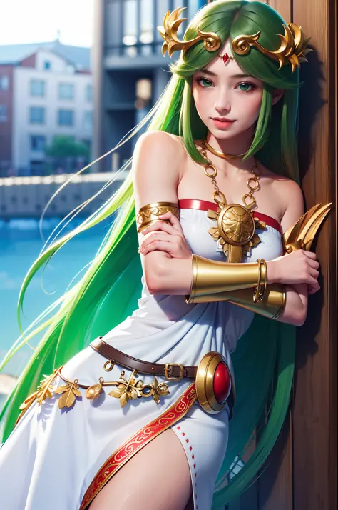 (masterpiece, best quality:1.2), cowboy shot, solo, 1girl, palutena, smile, looking at viewer, crossed arms, forehead jewel, tia...