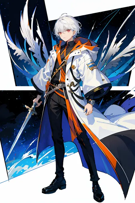 Charter layout, full body, upright, semi-floating, boy holding a sword, white hair and red eyes, fancy dress, detail clothes, st...