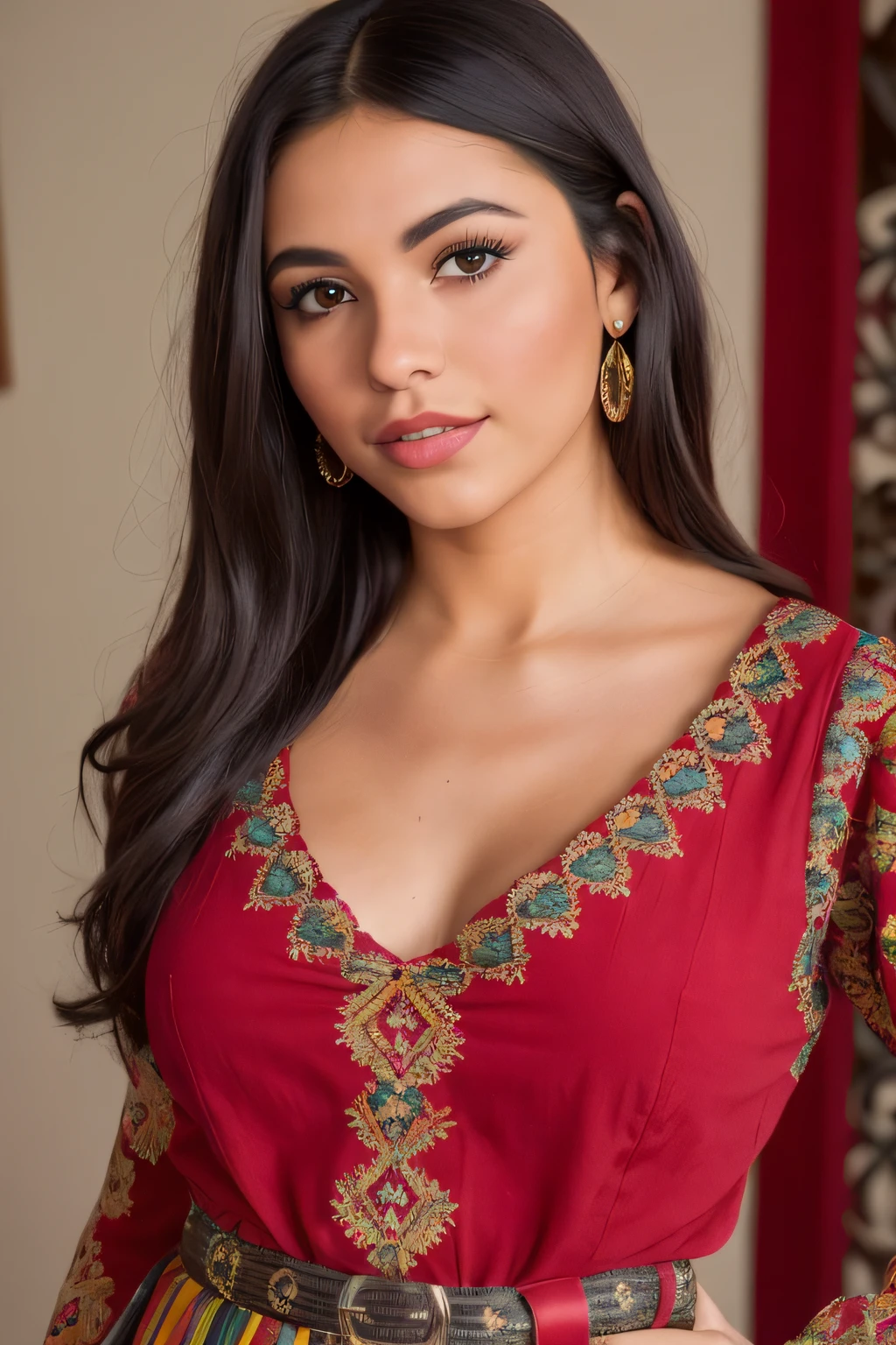 (8k, best quality, masterpiece, ultra highres: 1.2), 1 girl, full body, beautiful 22 year old Latina woman named Lucy wearing a ((((colorful Chilean folk dress))))), tight body, little neckline at breasts, fit body, official art, ultra high res, professional photography, sharp focus, HDR, 8K resolution, intricate detail, sophisticated detail, depth of field, RAW DSLR, photorealistic,