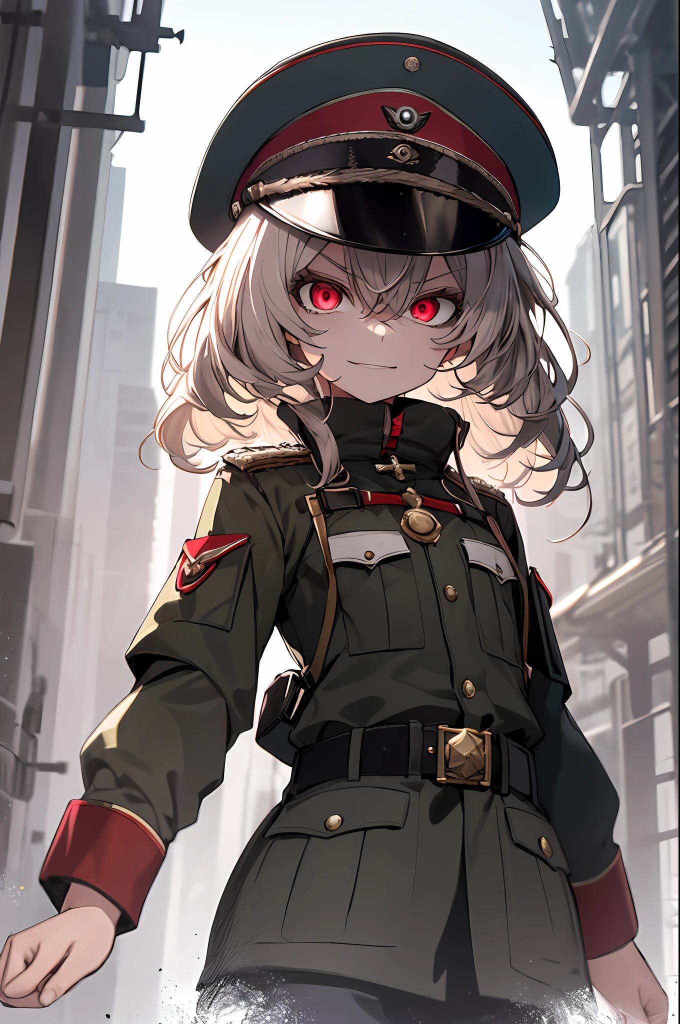 (masterpiece, best quality: 1.1), 1girl solo, tanya, 1girl, solo, , flat chest, small breasts, curvy, military, military uniform, , general hat, evil smile, wicked expression, anger, red eyes, neutral lighting