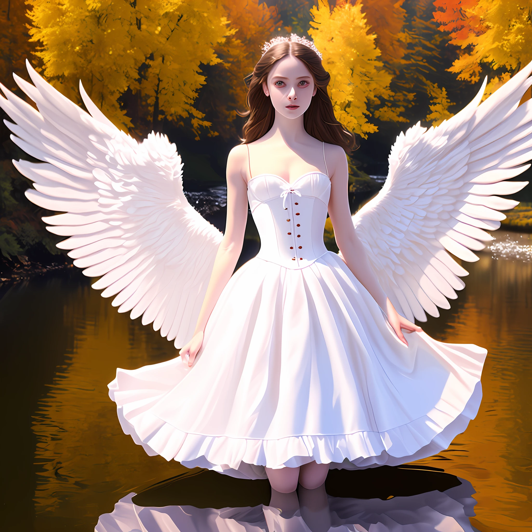 (8k, RAW photo, best quality, ultra detailed CG ,unity 8k wallpaper,masterpiece:1.2), a girl, 3d, ultra beautiful detailed eyes, Precise iris depiction,ultra-detailed, photo (Fall Angel style: 1) Digital painting of a white silk corset and a ballerina skirt standing on the water (Charming Angel: 1)