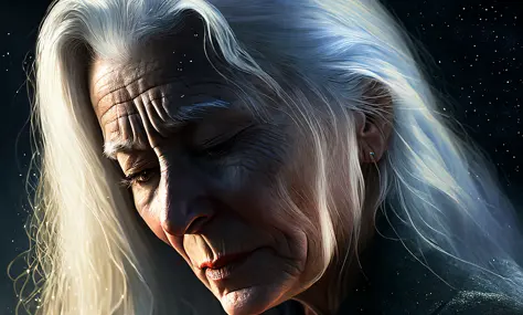 woman crying, close up , 40 old, white hair, magic, cinematic, painting