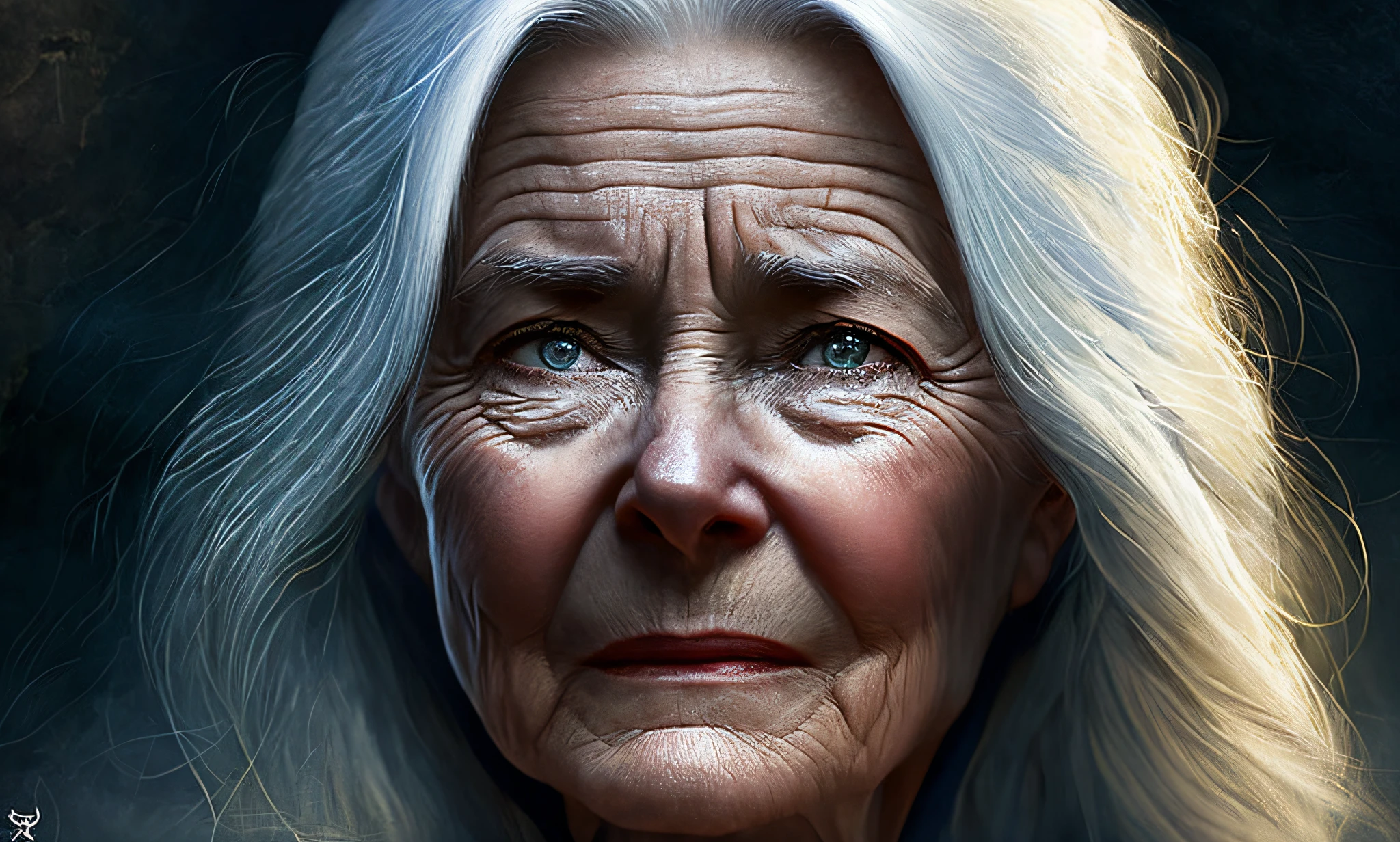 WOMAN CRYING, close up , 40 OLD, white hair, magic, cinematic, painting