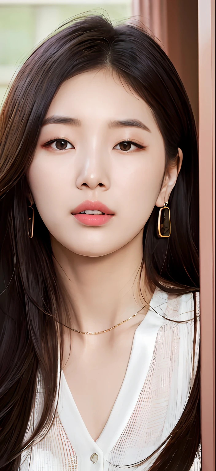 Highest quality, super realistic, "Araffe asian woman long hair and earrings, beautiful korean young woman, gorgeous young korean woman, beautiful korean woman, choi hyun-hwa, lee ji-eun, young cute korean face, portrait of korean female idol, bae so-seo, park ji-min, nam jae-yeon, cute and delicate face"