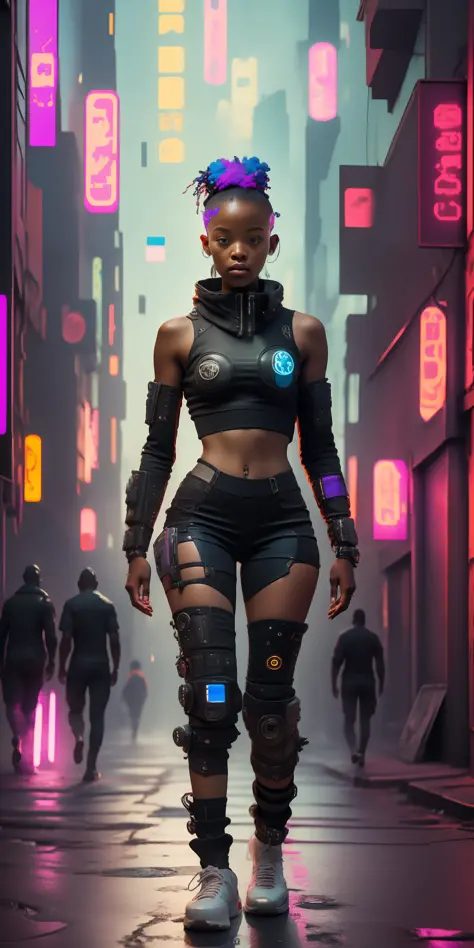 1 African American warrior girl 18 years old, full body,perfect,8k surrealism, bottom-up angle, in a night town (cyberpunk)