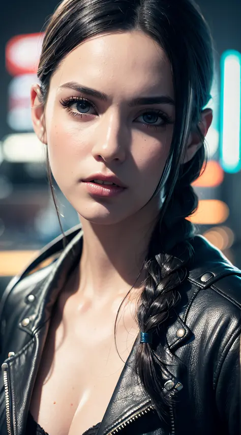 Beautiful cyberpunk woman, 19 years old, (Best quality, ultra realistic, masterpiece), Black hair tied with braid, Beautiful eye...