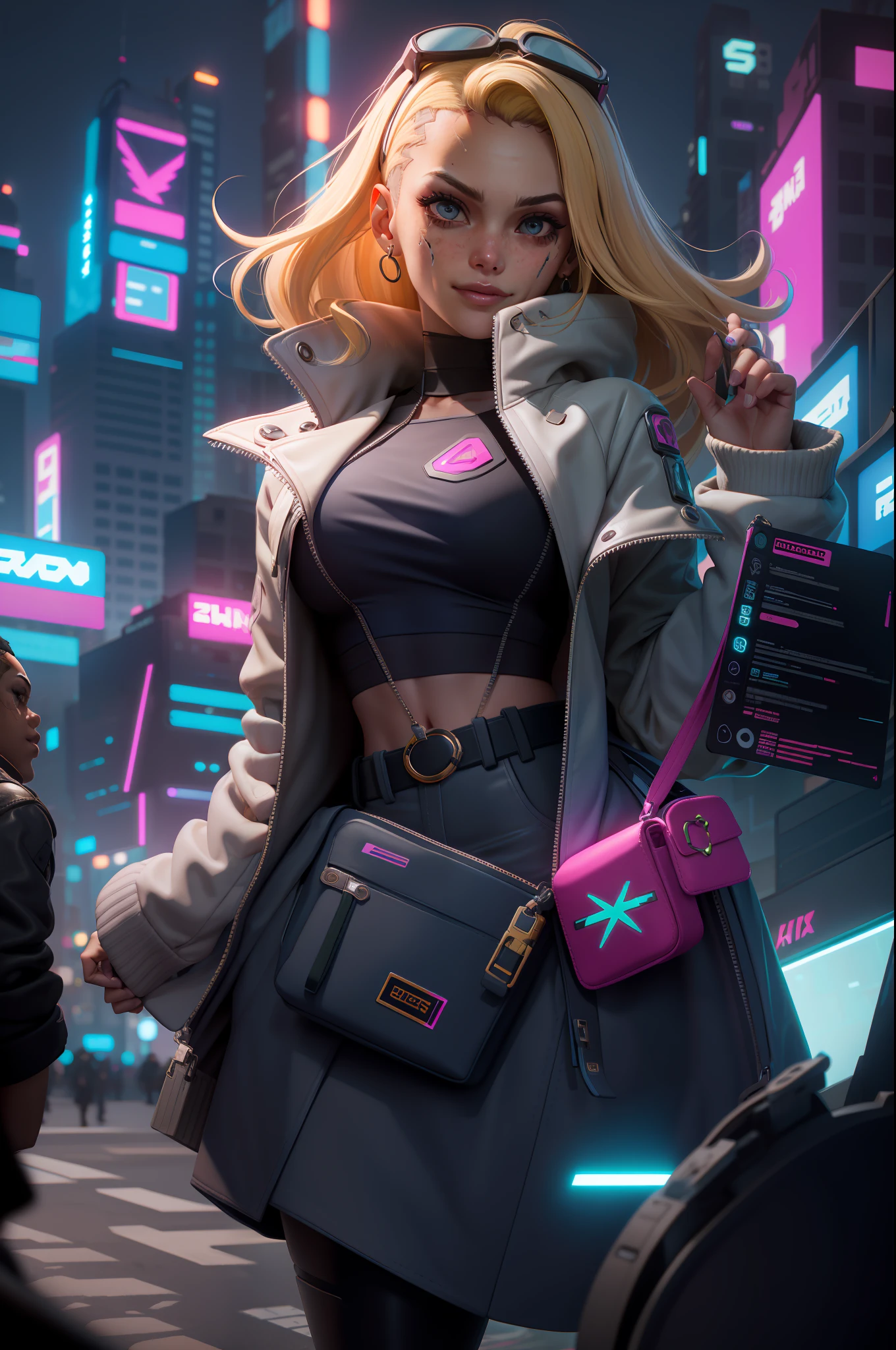 ((Cyberpunk)), ((Realistic)) and ultra-detailed photography of a barbie-like girl with cyberpunk aesthetic and neon colors. She was so cute and has a ((blonde hair, indigo highlights, candycolor)), wears a (streetwear top, sholder bag), (leather jacket, fuchsia pattern:1.2) and a (light-grey skirt, indigo belt:1.2), (disruptive dress:1.1). She has a simple smile and a multicolored deep eyes, ((beautiful and aesthetic)), sexy, under-boobs, hot, landscape orientation, upper body focus, full body, dynamic lights, RAW photo, (perfect face:1.2), (led lighting:1.2), (in the style of Ghost In The Shell:1), (in the style of Blade Runner:1.2), (in the style of Akira:1.5), (face details:0.3), (headband:0.7), (crown:0.3), (tattoo:0.9), (robot suit:0.9), (rainbow hair:0.7), film grain, depth of field, soft lighting, sparkle, motion blur, from above, lens flare, Ultra-Wide Angle, ((Best Quality)), ((Masterpiece)), 16k