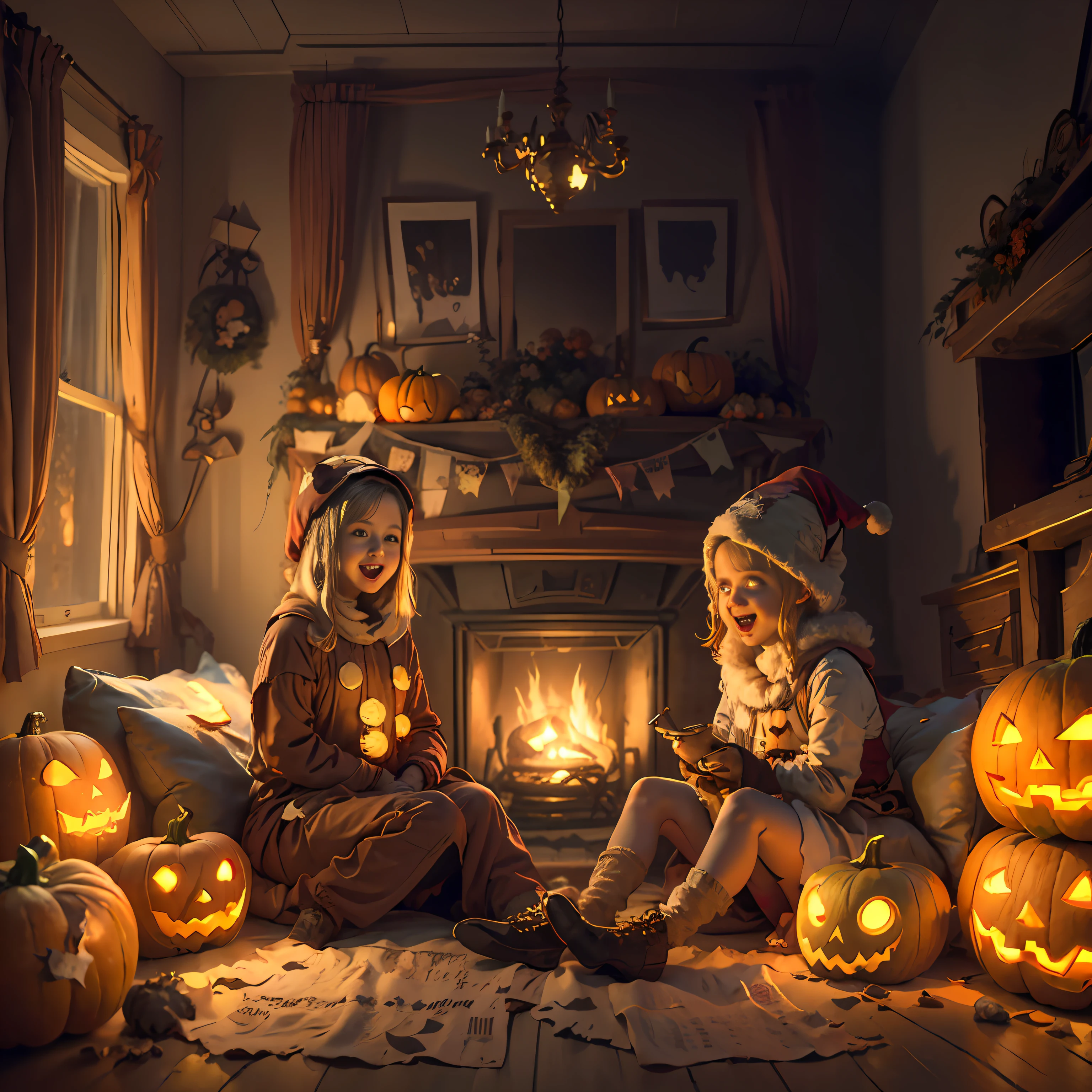 Halloween ghost banners, hung in cozy living rooms full of laughter and joy, children in cute costumes, surrounded by family, pumpkin decorations and ghostly props decorate the space, warm and seductive lights bring everyone together to celebrate the festive atmosphere of the festival. Realistic scene, real person, the expression of the girl on the right is cute and innocent, real person