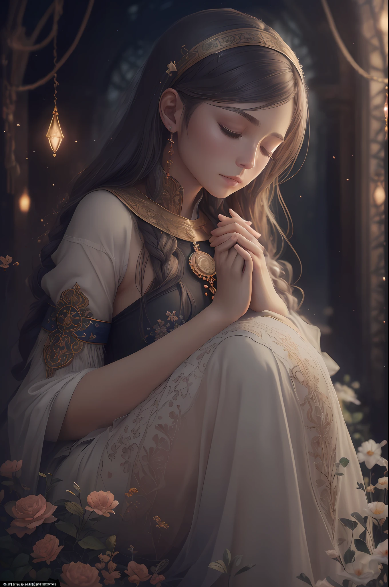 award-winning photo of a woman, octane render, hdr, (hyperdetailed: 1.15), (soft, sharp light: 1.2), 1girl, priestess, eyes closed, from ((hand together in gratitude position)), mature, beautiful body, eyes closed, long knee hair ((priestess))), ((masterpiece, top quality, best quality, official art, beautiful and aesthetic: 1.2), extremely detailed, colorful, more detailed ((ultra-detailed)), (highly detailed CG illustration),  ((extremely delicate and beautiful)), cinematic light, garden, prayer, head down