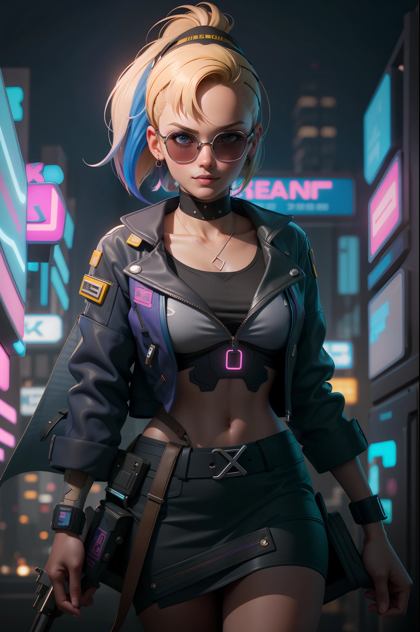 ((赛博朋克)), ((实际的)) and ultra-detailed p热ography of a barbie-like girl with cyberpunk aesthetic and neon colors. 她很可爱，而且 ((金头发, 靛蓝亮点, 糖果色)), 穿着 (街头服饰上衣, 肩包), (皮夹克, 紫红色图案:1.2) 和一个 (浅灰色裙子, 里面靛蓝:1.2), (扰乱性服饰:1.1). She has a simple smile 和一个 multicolored deep eyes, ((beautiful 和一个esthetic)), 性感的, 乳房下方, 热, 横向, 集中上半身, 全身, 动态灯光, RAW p热o, (完美脸蛋:1.2), (LED照明:1.2), (类似攻壳机动队的风格:1), (类似《银翼杀手》的风格:1.2), (类似 Akira 的风格:1.5), (脸部细节:0.3), (头巾:0.7), (王冠:0.3), (纹身:0.9), (机器人套装:0.9), (彩虹发:0.7), 胶片颗粒, 景深, 柔和的灯光, 火花, 运动模糊, 从上面, 镜头光晕, 超广角, ((最好的质量)), ((杰作)), 16千