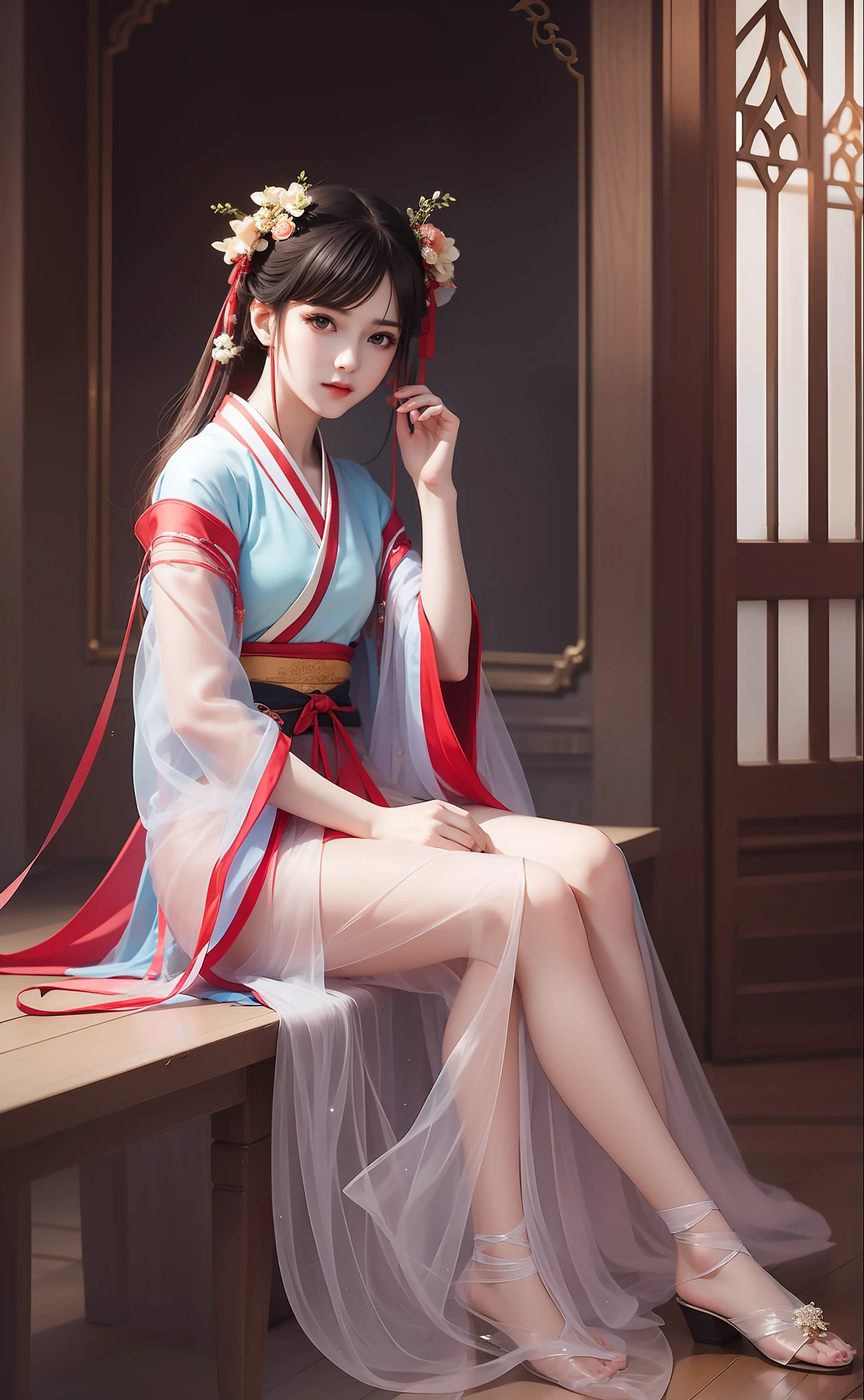 1 girl, beautiful, best quality, full body, sitting tabletop, tulle, sheer hanfu, bright tone, realistic, HD, clear face, sitting sideways, leg line