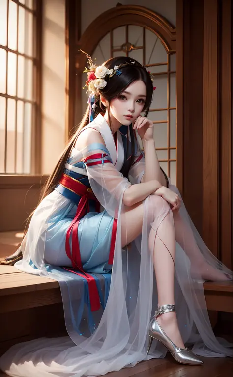 1 girl, beautiful, best quality, full body, sitting tabletop, tulle, sheer hanfu, bright tone, realistic, HD, clear face, sittin...