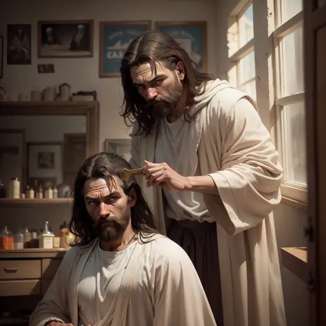 picture jesus, in his iconic attire, stepping into a shadowy, old-world barbershop. the barbershop is filled with worn-out woode...