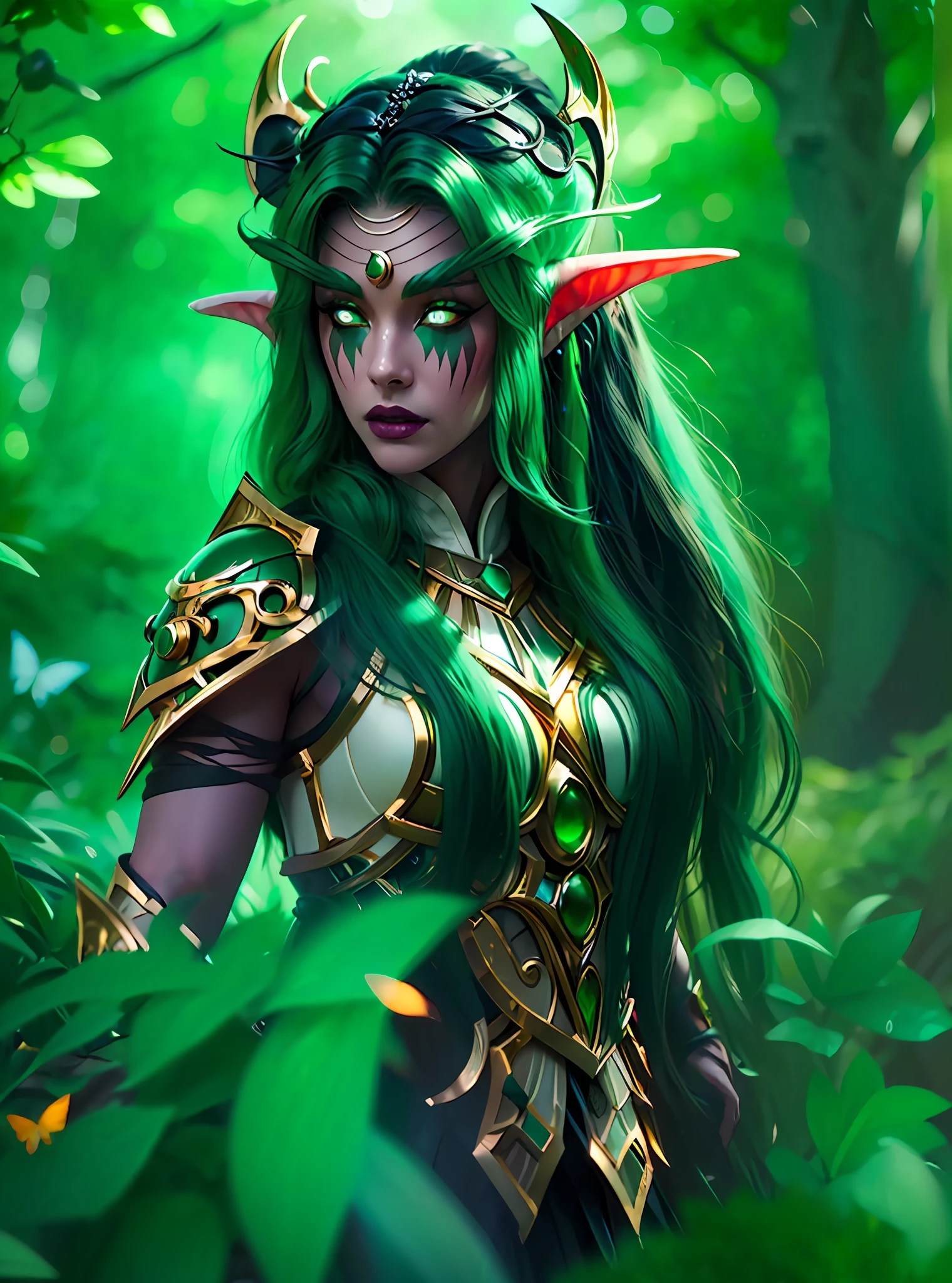 (((Masterpiece, high quality)))), first quality, elf, long hair loose and black, green eyes, short battle armor in gold and black detail, large bow on his golden and emerald green head, in a light green forest, butterflies shining, large roots of trees ((cinematic light))