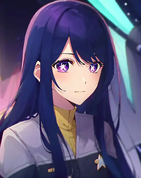 Hoshino Ai, long hair, purple hair, streaked hair ,purple eyes, star-shaped pupils, hair ornament, wearing ds9st uniform