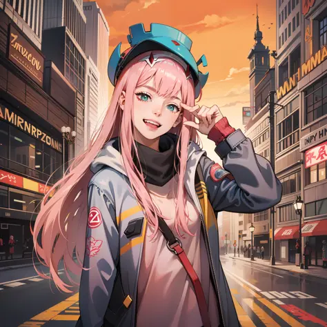 Zero two , long pink  hair, wearing a down jacket, standing, atreet , city background, laughing , happy expression , ultra detai...