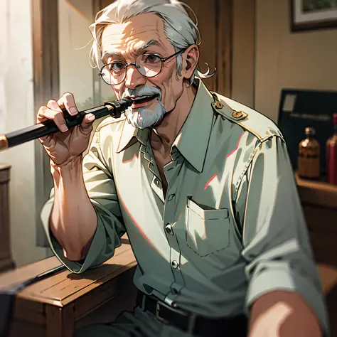 high quality in the room, a kind old man in a white shirt, holding a pipe in his hand,