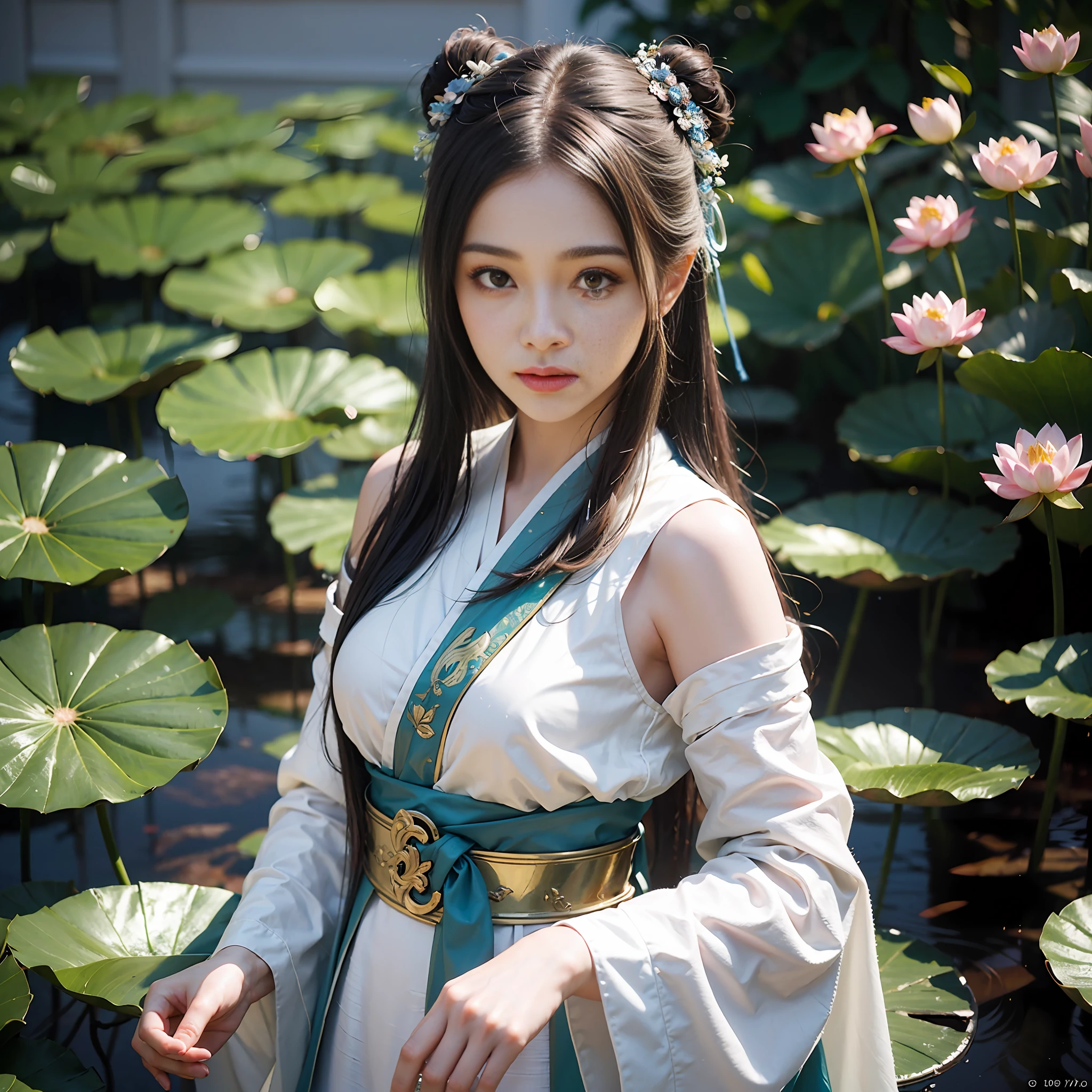 Realistic, close-up, intricate details, super detailed, natural skin texture, 1 girl, hair bundle, bun, beautiful Chinese woman in white hanfu robe cloak, fairy, white mist, golden light, white mist, by the West Lake, in ancient Chinese pavilions, (colorful, vivid, sunny, cool light: 1.2) lotus leaves in the pond, delicate facial details, dynamic poses, exquisite details, wide view, epic details, global illumination- ar 3:2 - q 5 - v 5.1 - Style RAW - S 750, style influenced by ancient Chinese art, complex, high detail, sharp focus, dramatic, photorealistic painting art, lotus leaf, spring rain, bright, light, atmospheric, bright tones of spring, super detail, 16k, best quality, soft light, space, crystal clear, natural light, surreal photography