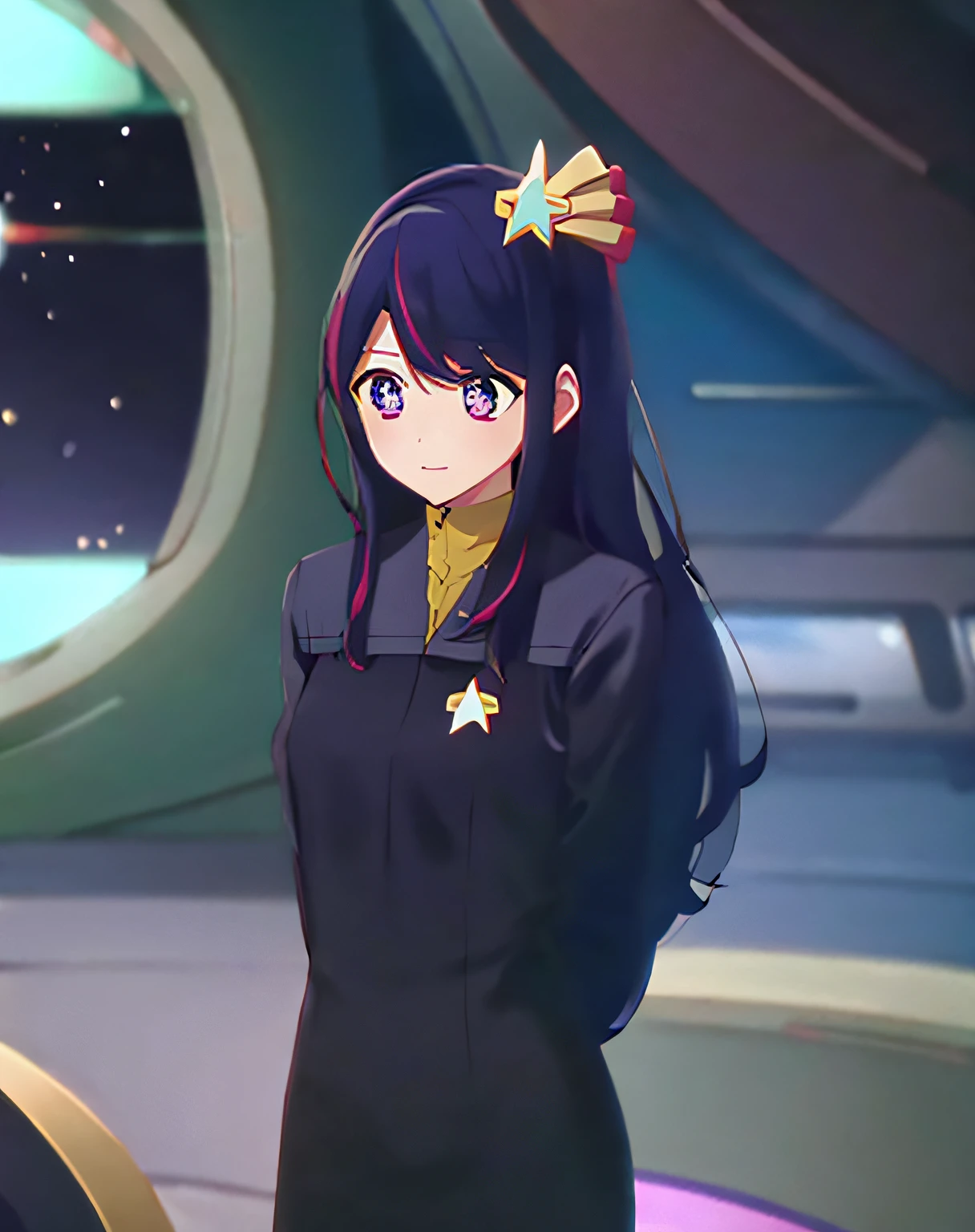 Hoshino Ai, long hair, purple hair, streaked hair ,purple eyes, star-shaped pupils, hair ornament, wearing ds9st uniform standing on a federation starsship bridge intiror