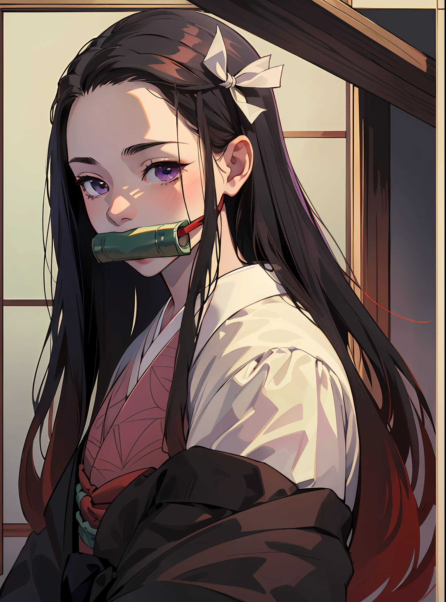 (masterpiece:1.2, best quality), (real picture, intricate details), ultra-detailed, highres, 1girl, kamado nezuko, bit gag, gagged, very long hair, ribbon, japanese clothes, full body, pureerosface_v1