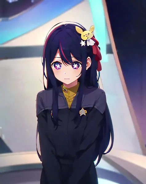 Hoshino Ai, long hair, purple hair, streaked hair ,purple eyes, star-shaped pupils, hair ornament, wearing ds9st uniform standin...