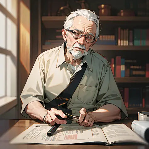 high quality in the room, a kind old man in a white shirt, holding a pipe in his hand,