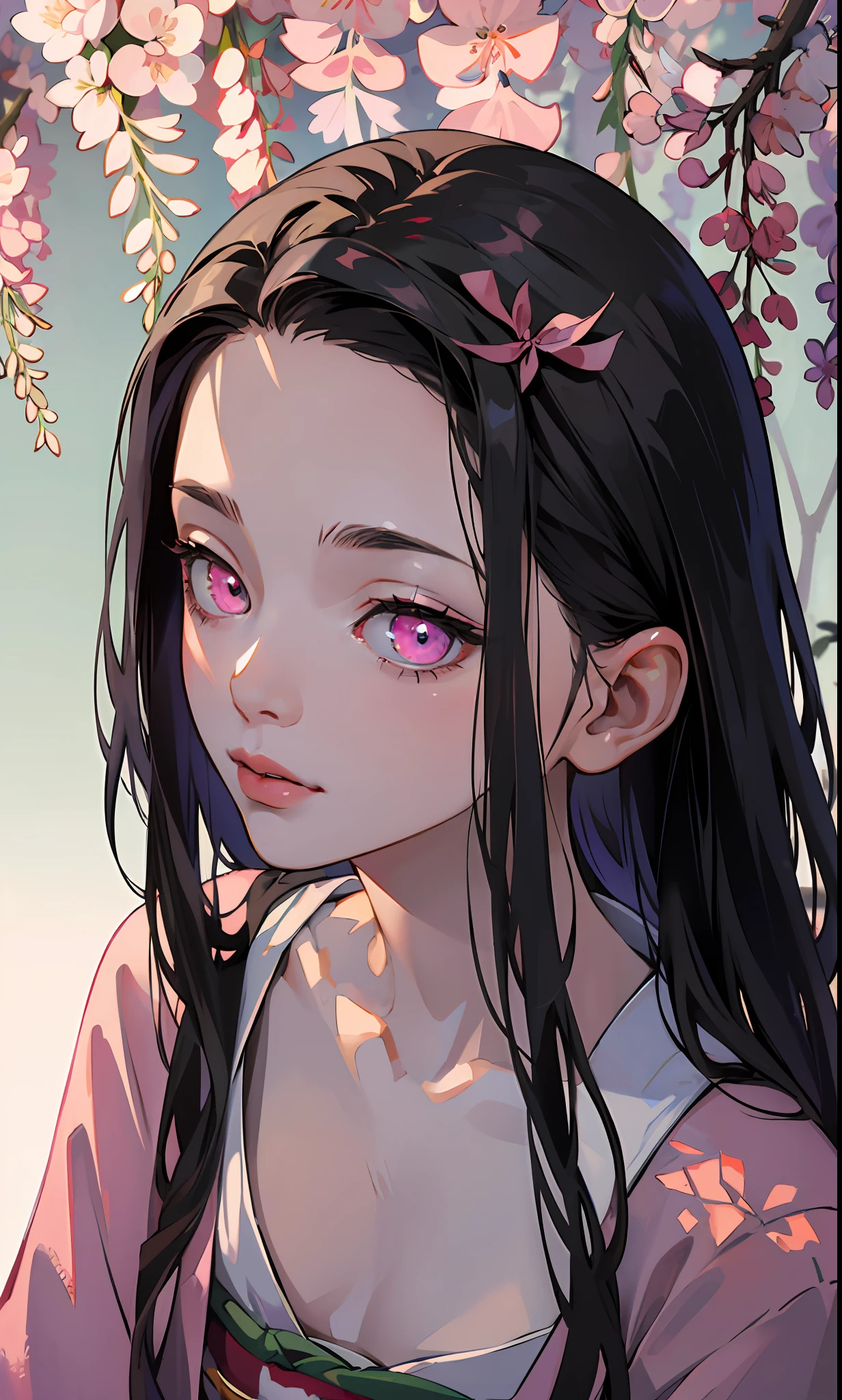 masterpiece, (pink kimono), seductive face, good lighting, décolleté, small details, masterpiece, glowing eyes, 1girl, black hair, on face, Nezuko Kamado, wisteria background, masterpiece, best quality, POV, erotica